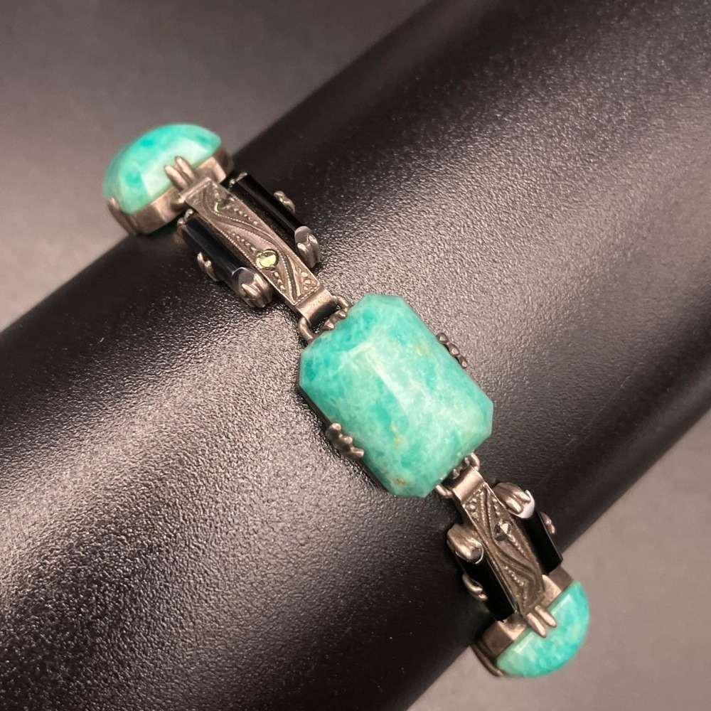 Vintage Art Deco Bracelet Green Peking & Black Glass Marcasite 830 Silver 6.75 "